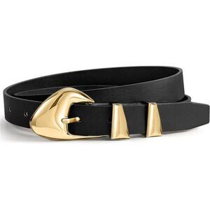Womens skinny black leather belt with gold buckle adjustable waist belt for jean